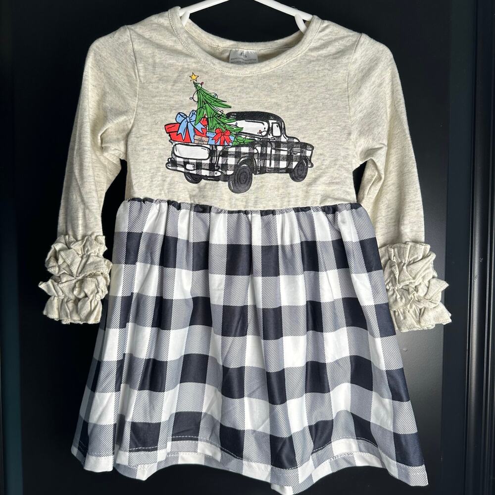 NWT Boutique Girls XXS/6-9M Christmas Tree Truck Dress Checkered Skirt Ruffles